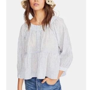 Free People Sea To Shore Striped 3/4 Sleeve Oversize Blouse, White/Blue, Size S
